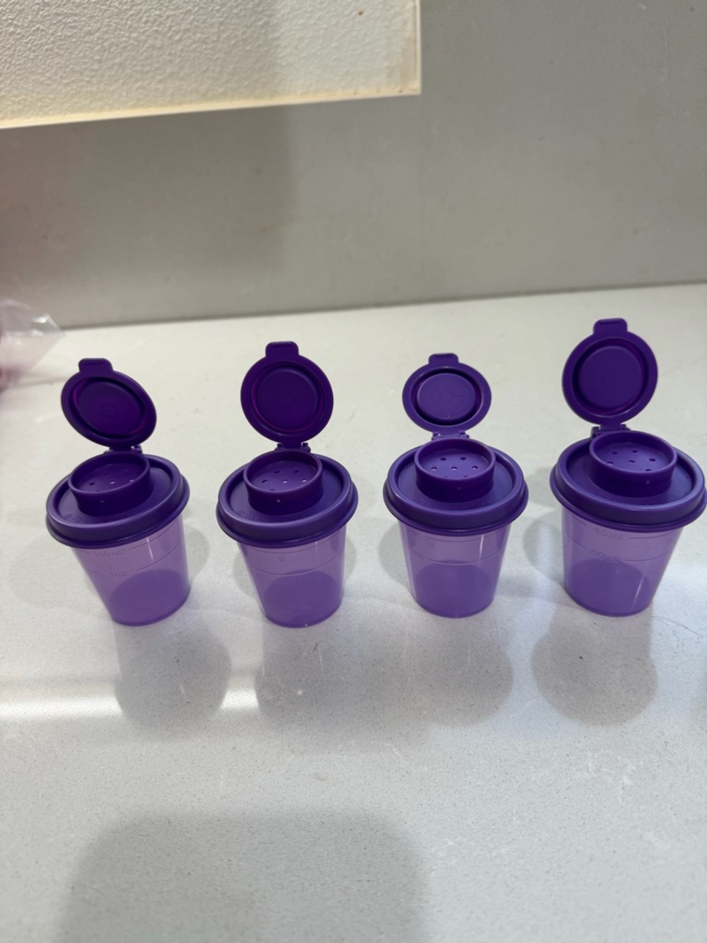 Vintage Tupperware mini salt and pepper/spice shakers - purple - set of 4 new